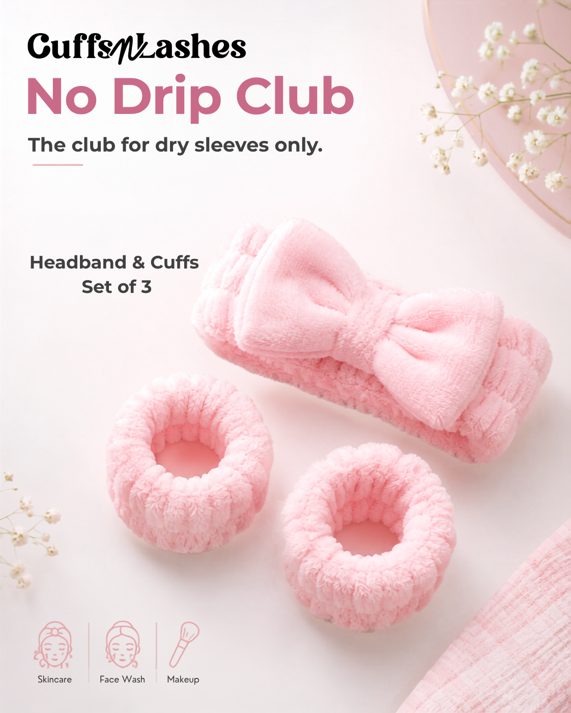 CUFFS N LASHES No Drip Club Spa Headband & Wristbands | No-Wet-Sleeves Face Washing Set for Women & Girls