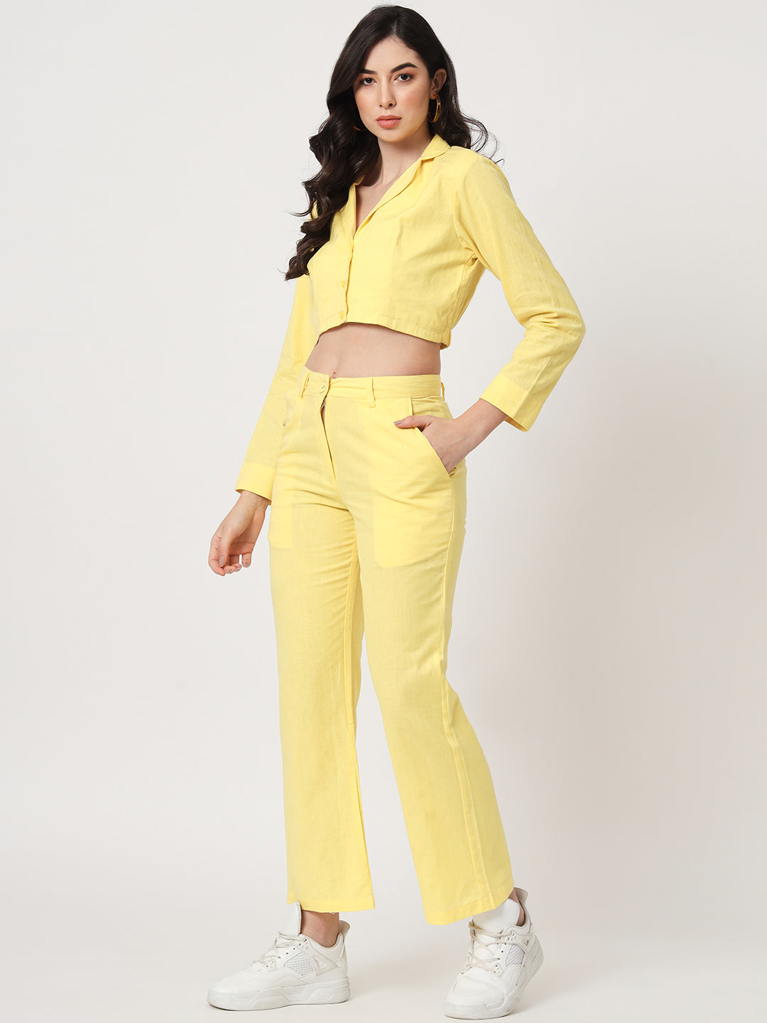 Women Yellow Floral Scuba Sweetheart Neck Crop Top With Straight Pants