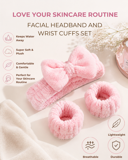 CUFFS N LASHES No Drip Club Spa Headband & Wristbands | No-Wet-Sleeves Face Washing Set for Women & Girls