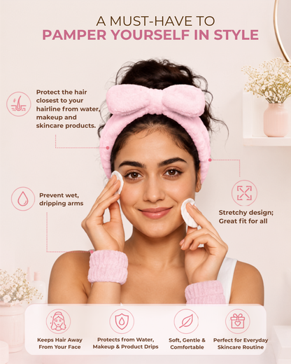 CUFFS N LASHES No Drip Club Spa Headband & Wristbands | No-Wet-Sleeves Face Washing Set for Women & Girls