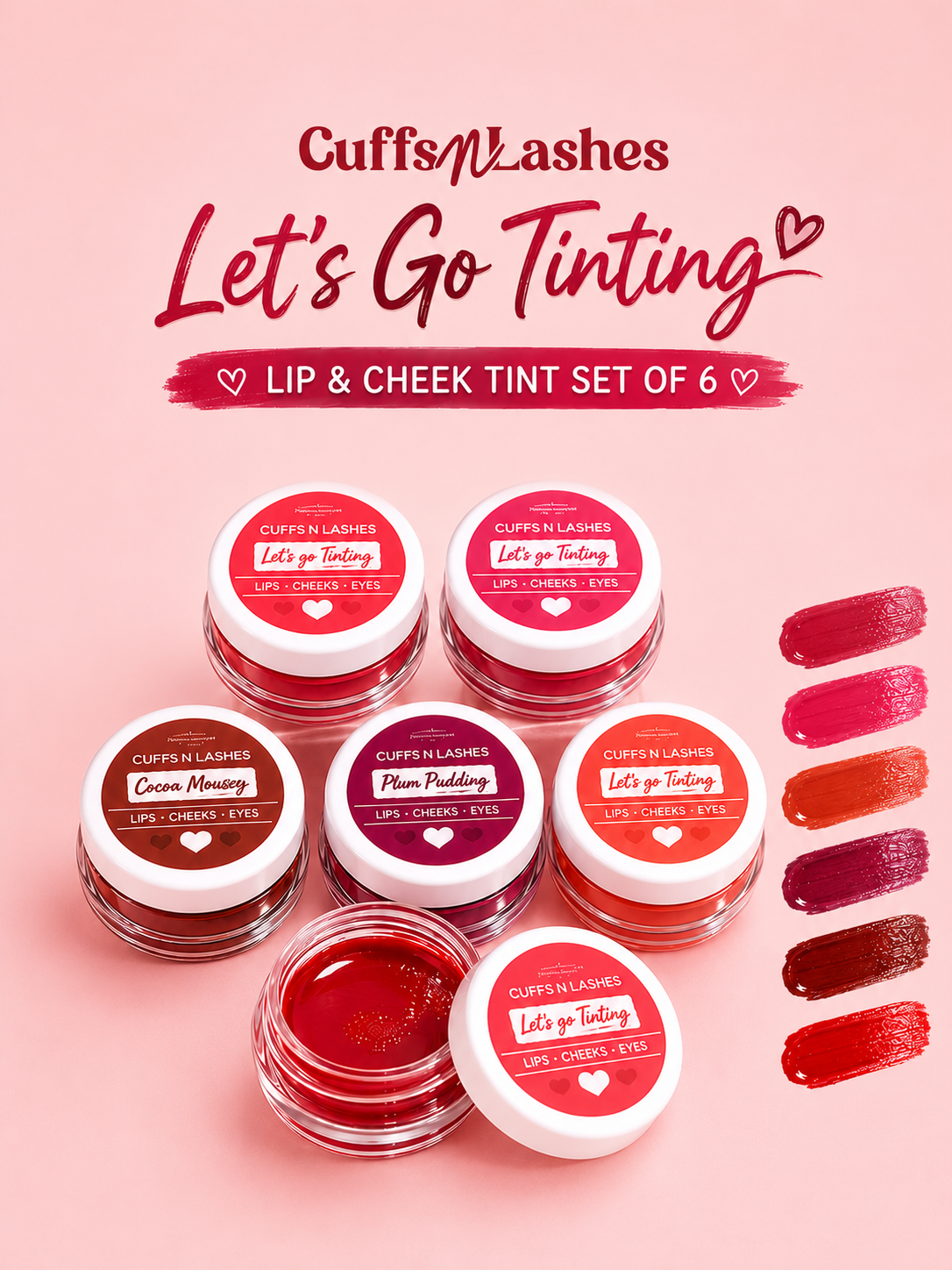 Cuffs N Lashes Let’s Go Tinting Set of 6 – Mini  Lip, Cheek & Eye Tints