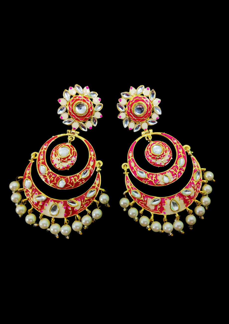 Kriaa Red Meenakari Gold Plated Chandbali Earrings